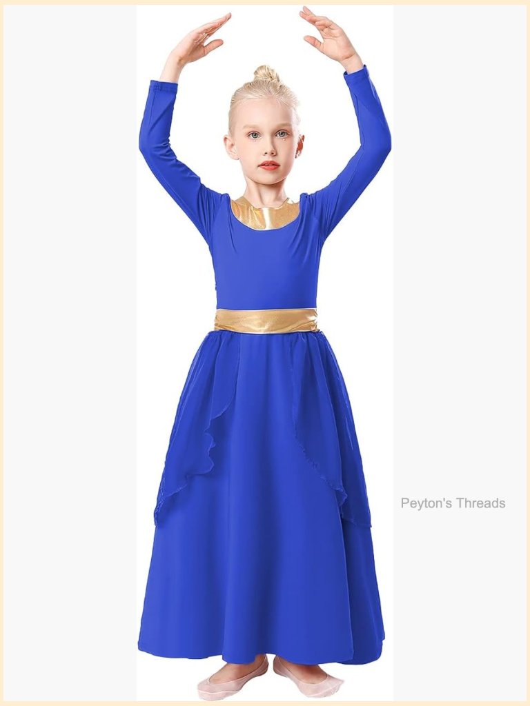 Girls Praise Dance Dress Long Sleeve Chiffon Skirt Metallic Waistband